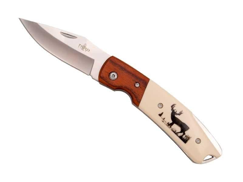COUTEAU THIRD BOIS ROUGE/ABS BEIGE MOTIF CERF 11,5CM INOX